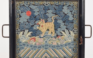 18th/19th century Chinese silk rank badge depicting a tiger mounted in a chinoiserie decorated