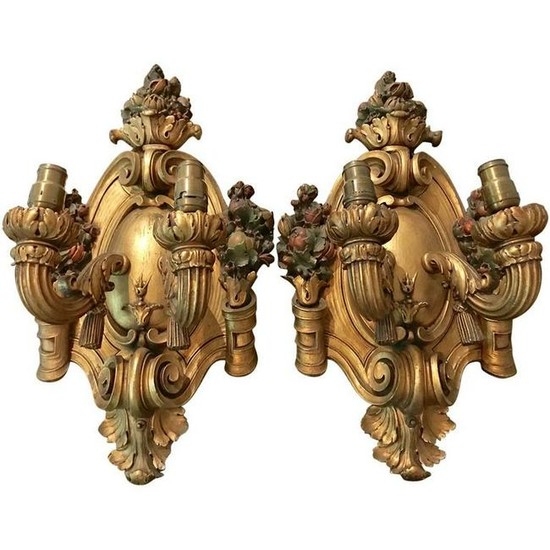 1920s Italian Giltwood Two-Light Wall Sconces