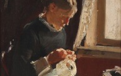 1927/101 - Erik Henningsen: A young woman sewing by the window. Unsigned. Oil on canvas laid on panel. 22 x 18.5 cm.