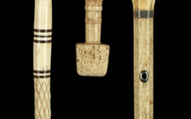 A carved whale bone and ivory walking stick,, English, mid 19th century