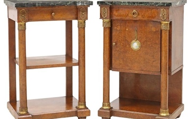 (2) FRENCH EMPIRE STYLE MARBLE-TOP BURLED WALNUT NIGHTSTANDS