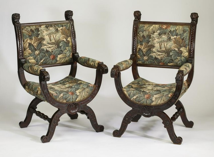 (2) French walnut and tapestry curule chairs