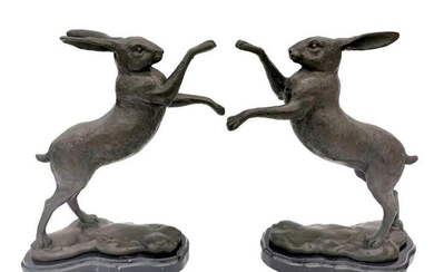 2 large boxing hares in bronze on marble base