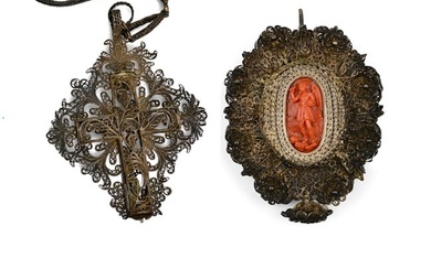 2 rosary pendants with coral carving and with cross