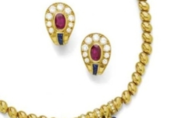 RUBY, SAPPHIRE AND DIAMOND NECKLACE WITH EARCLIPS, ca. 1980.