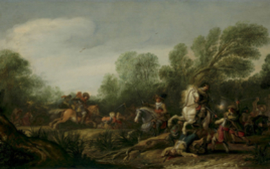 Jan Asselijn (Dieppe 1610-1652 Amsterdam), A military skirmish in a wooded landscape