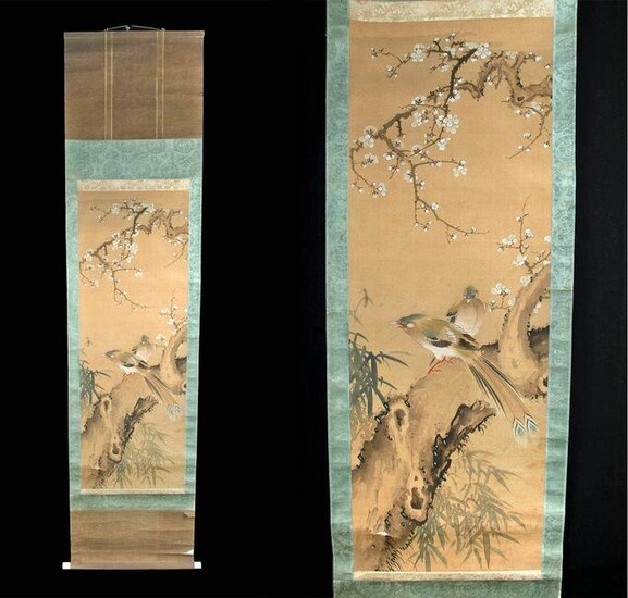 20th C. Japanese Meiji Silk Scroll Painting w/ Birds