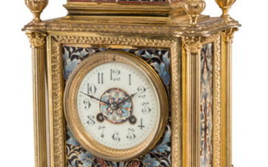 A French Champlevé Enameled Gilt Bronze and Brass Mantel Clock (late 19th centur)