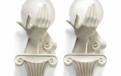 A PAIR OF WHITE PLASTER AND MILK GLASS 'HAND' WALL-LIGHTS, MODERN, AFTER THE 1930S ORIGINALS BY NICHOLAS DE MOLAS