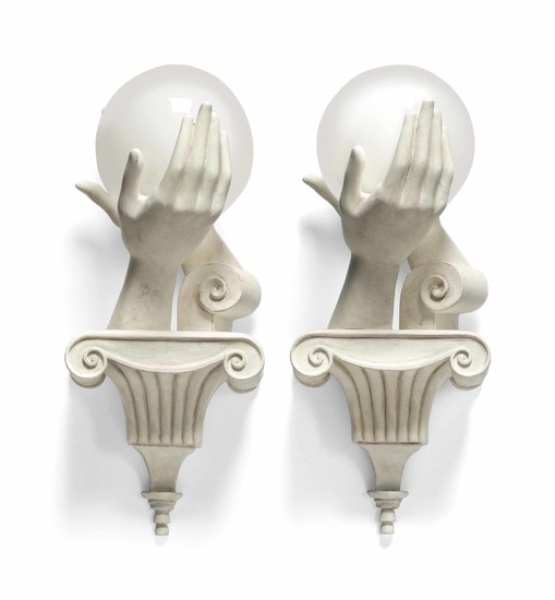 A PAIR OF WHITE PLASTER AND MILK GLASS 'HAND' WALL-LIGHTS, MODERN, AFTER THE 1930S ORIGINALS BY NICHOLAS DE MOLAS