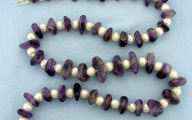 24 Inch Pearl and Amethyst Bead Necklace with 10k Yellow Gold Clasp