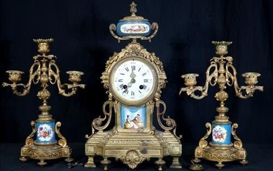 3 piece bronze clock set with Sevres porcelain inserts