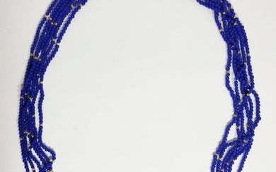 A 14 Karat Yellow Gold and Lapis Lazuli Multi-Strand Bead Necklace