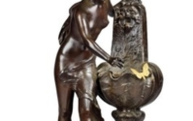A FRENCH GILT AND PATINATED BRONZE FIGURAL FOUNTAIN GROUP, ENTITLED ‘NYMPHE ET PAPILLON’, CAST FROM THE MODEL BY HENRI-LOUIS LEVASSEUR (1853-1934), CIRCA 1890
