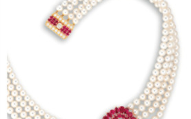 Mikimoto, A Cultured Pearl, Ruby and Diamond Necklace, Mikimoto