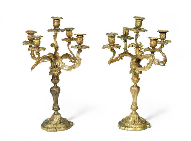 A pair of late 19th century French gilt bronze five light candelabra