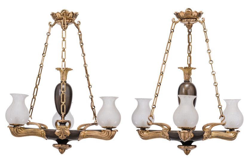 A PAIR OF PATINATED-BRONZE AND LACQUERED-BRASS THREE-BRANCH 'COLZA' HANGING-LIGHTS, BY ROBERT KIME LTD., MODERN