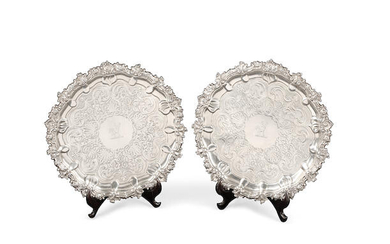 A PAIR OF SCOTTISH GEORGE IV STERLING SILVER FOOTED SALVERS