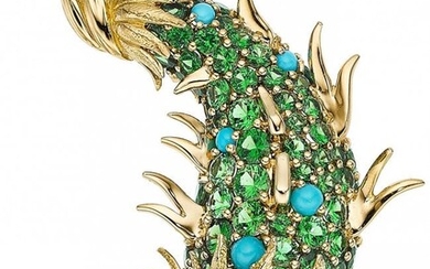 55001: Tsavorite Garnet, Turquoise, Gold Brooch, Schlum