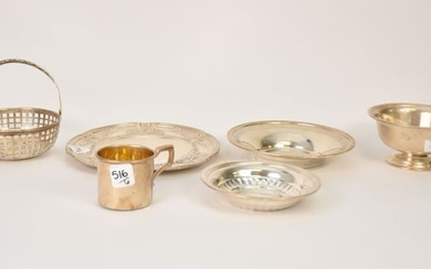 6 Pieces Assorted Sterling Silver, Plate (8 1/2"dia) and Reticulated Basket (2"h x 5"dia), Baby Cup