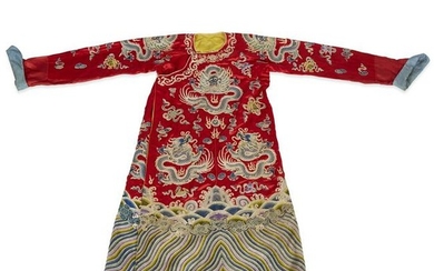 A Chinese embroidered red silk dragon robe, Qing