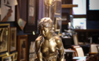 After Hippolyte Francois Moreau , Patinated bronze figural lamp, depicting a beauty in a naturalistic setting, signed o...