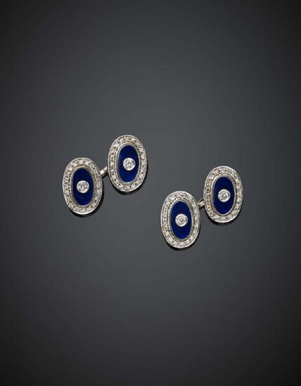 White gold diamond and blue enamel oval cufflinks, g
