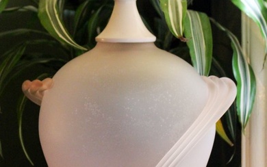 80's BLUSH TINTED DECO STYLE GLASS LAMP W LUCITE BASE + FINIAL