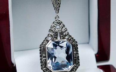 835 Silver - Necklace with pendant - blue spinel - marcasite
