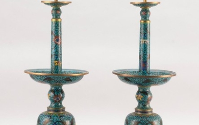 PAIR OF CHINESE CLOISONNÉ ENAMEL PRICKET CANDLESTICKS With medial drip pans, bell-form bases and passionflower decoration on a blue...