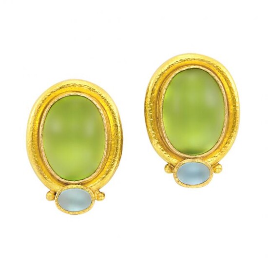 Pair of Gold, Cabochon Peridot and Aquamarine and Mother-of-Pearl Earclips, Elizabeth Locke