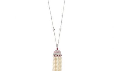 White Gold, Diamond, Ruby and Cultured Pearl Tassel Pendant with White Gold and Diamond Chain Necklace
