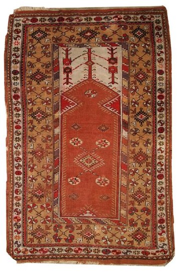 Handmade antique prayer Turkish Melas rug 4' x 6.3' (