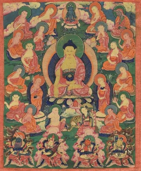 Early 19c Tibetan thangka SHAKYAMUNI with disciples &