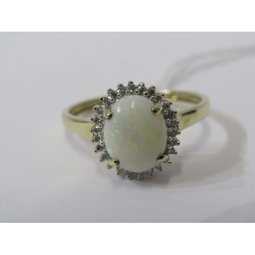 9ct YELLOW GOLD OPAL & DIAMOND CLUSTER RING, principal oval ...