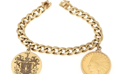 A 14k gold bracelet set with two coins respectively of 21.6k and 14k gold. L. 19 cm. Weight app. 62 g.