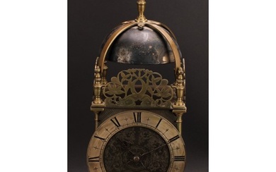 A 17th century style brass lantern timepiece, 16cm silvered ...