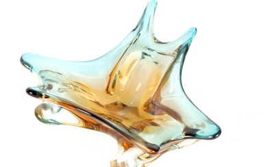 A 1960S AMBER AND PALE BLUE SHADED CLEAR SHALLOW GLASS