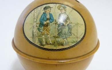 A 19thC turned wooden string box of spherical form in