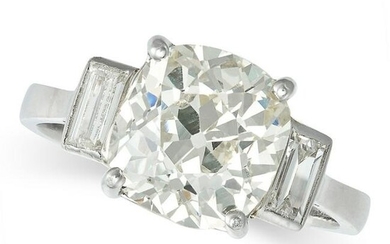 A 4.37 CARAT SOLITAIRE DIAMOND RING in platinum, set with an old cut diamond of 4.37 carats accented
