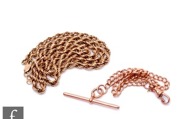 A 9ct rose gold curb bracelet with T bar and a 9ct rope twis...