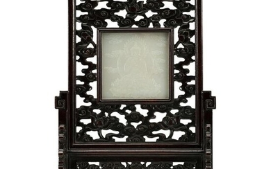 A CHINESE CARVED WHITE JADE INLAID ROSEWOOD TABLE SCREEN