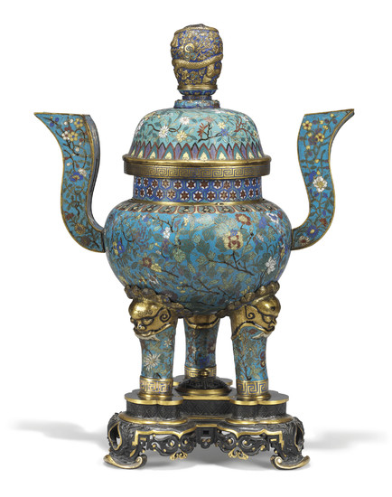 A CHINESE CLOISONNE ENAMEL TRIPOD CENSER, A COVER, AND A BRONZE STAND, 19TH CENTURY