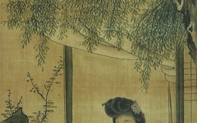 A CHINESE LADY PAINTING, INK AND COLOR ON SILK, HANGING SCROLL, YU JI MARK