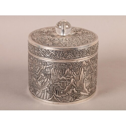 A CHINESE SILVER CYLINDRICAL LIDDED JAR OR BISCUIT BARREL, t...