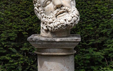 A COLOSSAL SCULPTED WHITE MARBLE MODEL OF THE HEAD OF HERCULES, 20TH CENTURY