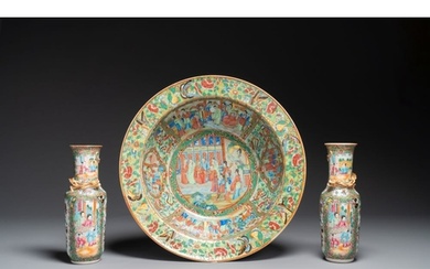 A Chinese Canton famille rose basin and a pair of vases vase...