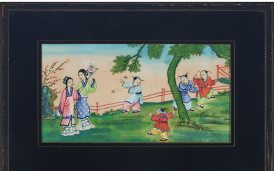 A Chinese Pith Painting of Ladies and Children, 19th Century