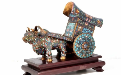 A Chinese cloisonne model of an ox and cart