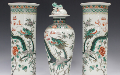 A Chinese famille verte porcelain garniture of three vases, mark of Kangxi but late 19th century, co